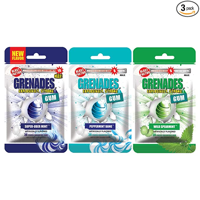  Grenades Gum - POWER PACK ICE - STRONG MINT GUM - 3-PACK, 90pcs - Mint Flavor Pack (Super-Uber Mint, Peppermint and Spearmint) - Ultimate Fresh Breath & Serious Sinus Busting Power  - 691683000588