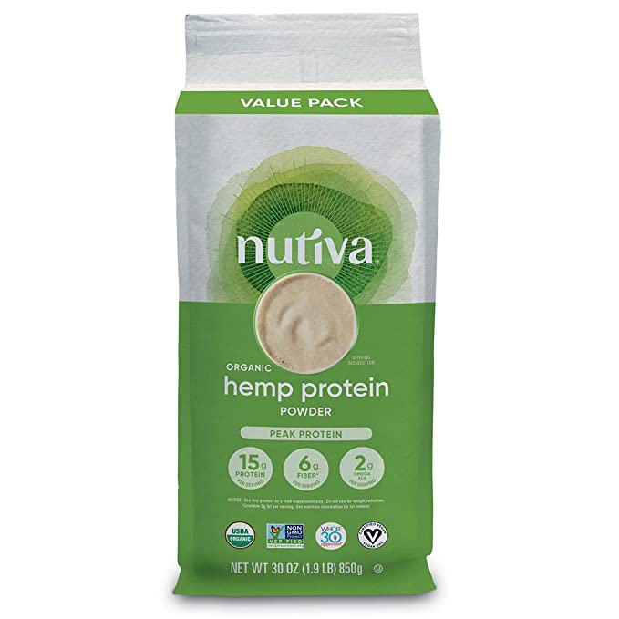 Nutiva Organic Cold-Pressed Raw Hemp Seed Protein Powder, Peak Protein, 30 Oz, USDA Organic, Non-GMO, Whole 30 Approved, Vegan, Gluten-Free & Keto, Plant Protein with Essential Amino Acids - 692752103384