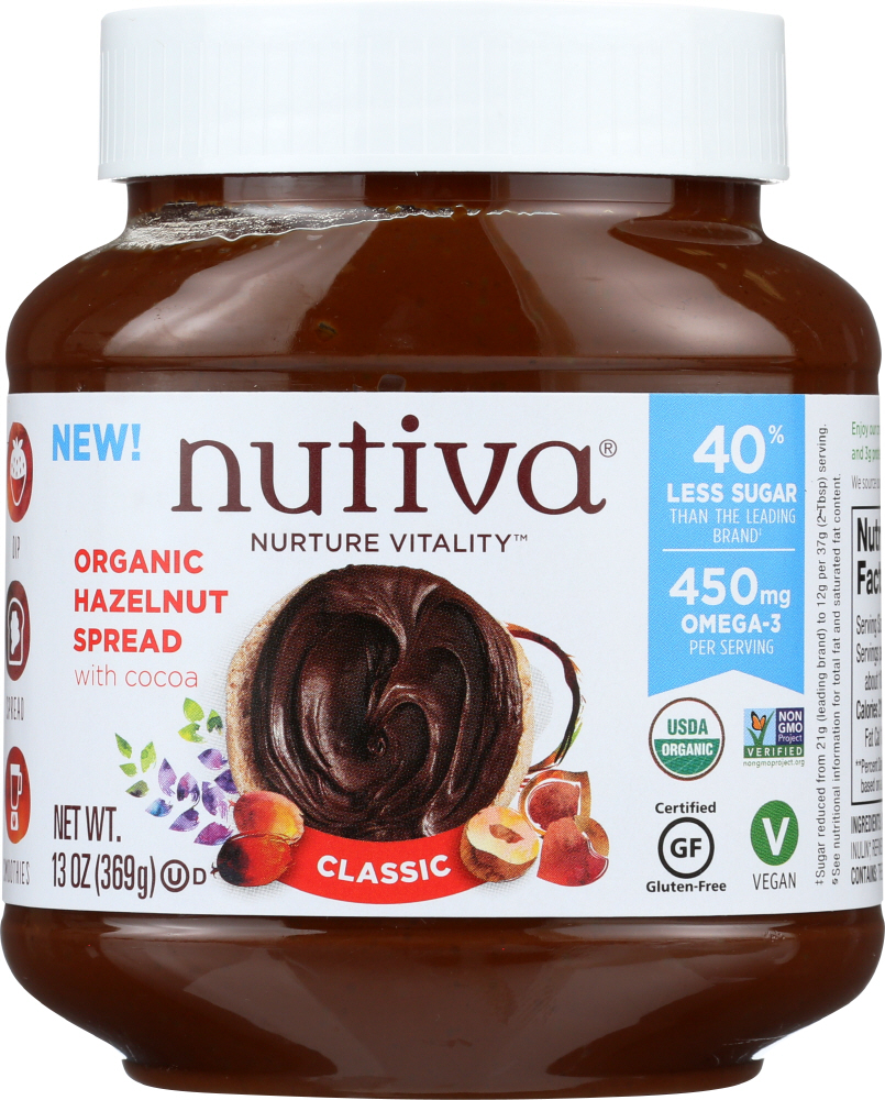  Nutiva Organic Vegan Hazelnut Spread, Classic Chocolate, 13 Oz, USDA Organic, Non-GMO, Fair Trade & Sustainably Sourced, Vegan & Gluten-Free, Plant-Based Spread with Less Sugar  - 692752107276