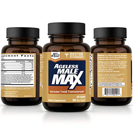 Ageless Male Max Total Testosterone Booster for Men - Increase Nitric Oxide and Improve Workouts, Reduce Fat Faster Than Exercise Alone, Support Sleep, Drive & Energy (60 Caplets, 1-Bottle) - 695111001901