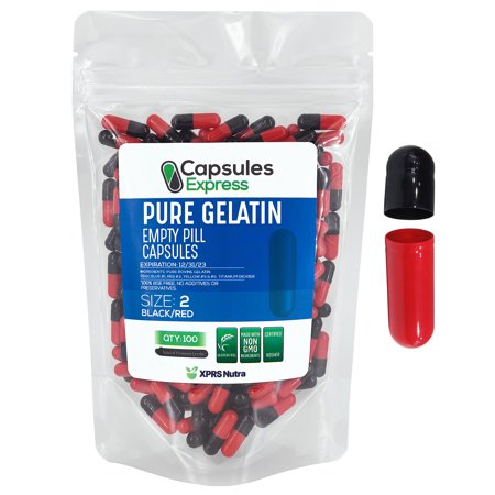 XPRS Nutra Size 2 Empty Capsules - 100 Count Colored Empty Gelatin Capsules - Capsules Express Empty Pill Capsules - DIY Supplement Capsule - Color Gel Caps (Black and Red) - 696355916778