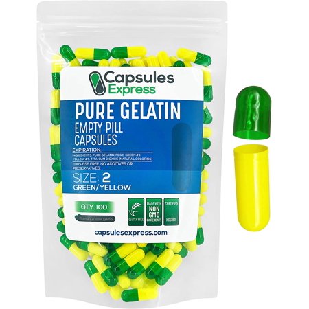XPRS Nutra Size 2 Empty Capsules - 100 Count Colored Empty Gelatin Capsules - Capsules Express Empty Pill Capsules - DIY Supplement Capsule - Color Gel Caps (Green and Yellow) - 696355916921