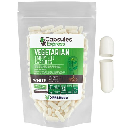 XPRS Nutra Size 1 White Empty Vegan Capsules 100 Count - Kosher and Halal - Vegetarian/Vegetable Pill Capsule - DIY Powder Filling- Veggie Pill Capsules Empty Caps Pills (100) - 696355919342