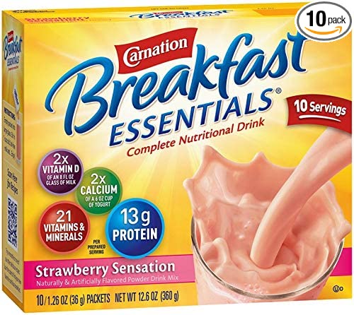  Carnation Breakfast Essentials Strawberry Sensation Flavor 36 Gram Individual Packet Powder, 11001937 - Box of 10  - 696850063885