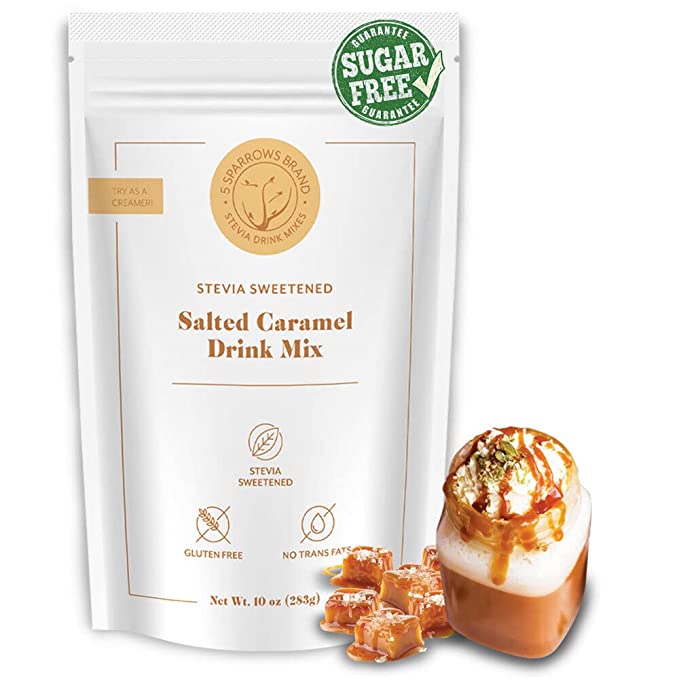 5 SPARROWS Sugar-Free Salted Caramel Powder Drink Mix- Stevia, Diabetic Friendly, Low FODMAP - No Sugar Coffee Creamer, 10 oz - 697014008636