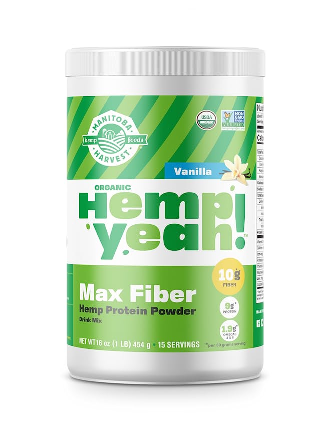  Manitoba Harvest Hemp Yeah! Organic Max Fiber Protein Powder, Vanilla, 16oz; with 10g of Fiber, 9g Protein and 1.9g Omegas 3&6 per Serving, Preservative Free, Non-GMO  - 778554025557