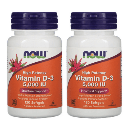 NOW Supplements Vitamin D-3 5 000 IU High Potency Structural Support* 120 Softgels - 2 Packs - 697691722221