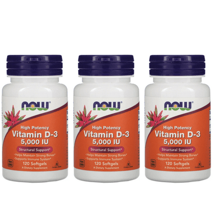 NOW Supplements Vitamin D-3 5 000 IU High Potency Structural Support* 120 Softgels -3 Packs - 697691722238