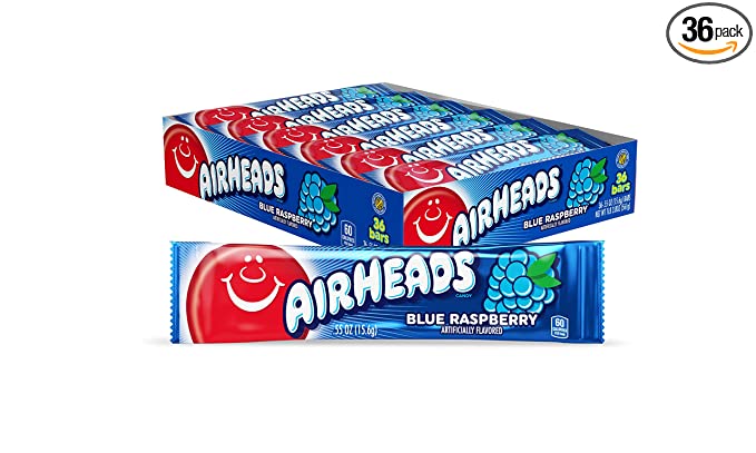  Airheads Candy, Blue Raspberry Flavor, Individually Wrapped Full Size Bars, Taffy, Non Melting, Party, Pack of 36 Bars  - 100004080388