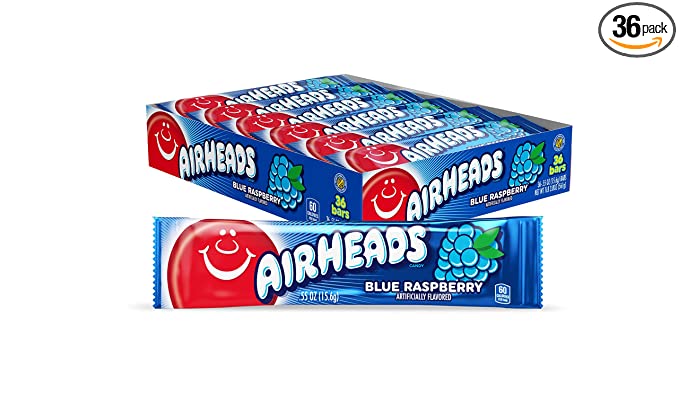 Airheads Candy, Blue Raspberry Flavor, Individually Wrapped Full Size Bars, Taffy, Non Melting, Party, Pack of 36 Bars - 100004080388