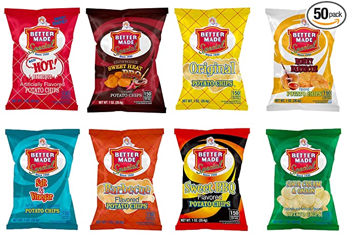  Better Made Special Variety Pack Potato Chips - Case of 50 - 1oz Bags – Original, BBQ, Sweet BBQ, Sweet Heat BBQ, Red HOT BBQ, Salt & Vinegar, Honey BBQ, Sour Cream & Onion - Crunchy, Individual Snacks Made from Fresh Potatoes - High Quality Ingredients - 700348456179