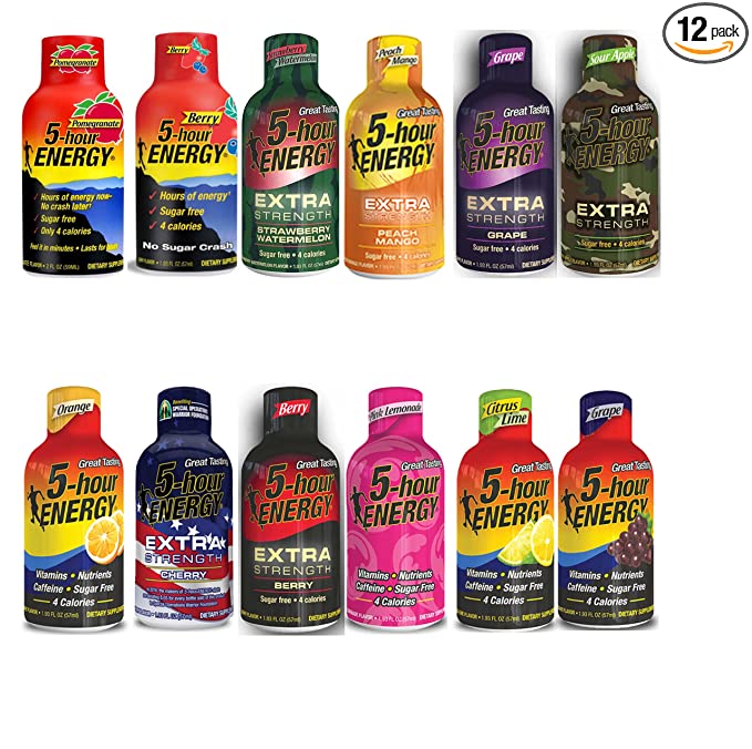  5 Hour Energy Shots Variety Pack- Assortment Of Regular & Extra Strength 12 Count  - 700425576011