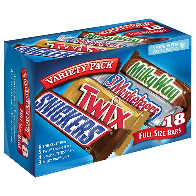 SNICKERS, TWIX, 3 MUSKETEERS & MILKY WAY Full Size Bars Variety Mix, 18-Count Box - 609003957689