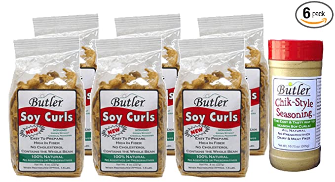 Butler Soy Curls, 8 oz bags - 6 Pack + Chik-Style Seasoning - 701748830194