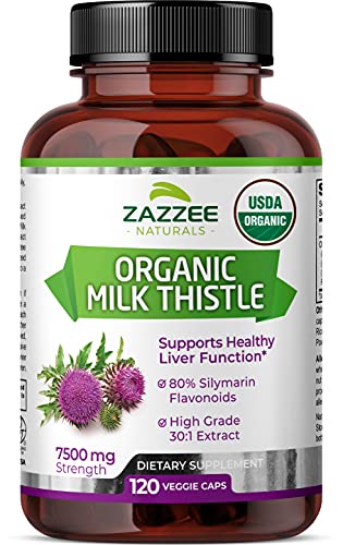 Zazzee USDA Organic Milk Thistle Extract Capsules 120 Count Vegan 7500 mg Strength 80% Silymarin Flavonoids Potent 30:1 Extract USDA Certified Organic Vegan Non-GMO and All-Natural - 702511105082