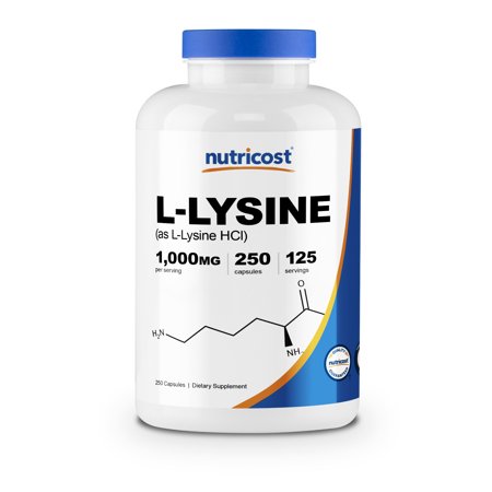 Nutricost L-Lysine 1000mg, 250 Capsules - 500mg Per Cap, Gluten Free, Non-GMO - 702669937511