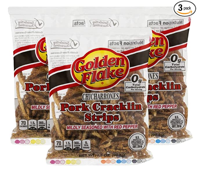  Golden Flake Fried Pork Cracklin Strips Mildly Seasoned with Red Pepper- 3.25 oz. Bags (3 Bags) - 703694613890
