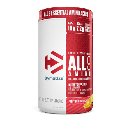 Dymatize All9 Amino, 7.2g of BCAAs, 10g of Full Spectrum Essential Amino Acids Per Serving for Recovery and Muscle Protein Synthesis, Fruit Fusion Rush, 30 Servings, 15.87 Ounce (B07CKG4W2X) - 705016181001