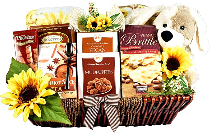 Gift Basket Village Snuggle Weather, Gift Basket with Snuggly Blanket, Warmable Soothing Plush Puppy and Loads of Gourmet Treats, Original, 1 Count - 705332273572