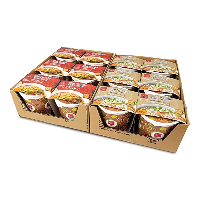 Asianmeals Aromatic Rice Noodle Soup Bowl, 6x Garlic Sesame Flavors, 6x Curry Laksa Flavors, Cup Noodle, Pantry Staple, Gluten free rice noodles, Curry Soup, Herbs and Spices, 3.8oz each - 787977014505