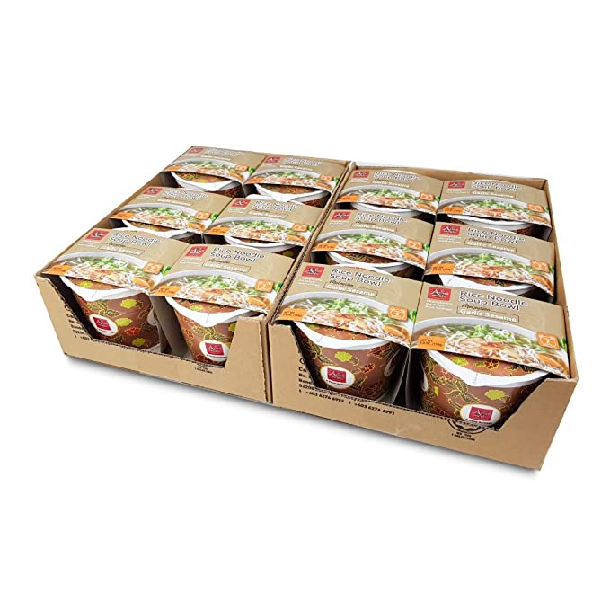 Asianmeals Rice Noodle Soup Bowl Garlic Sesame(Pack of 12), Instant noodles, Non-spicy, Pantry Staples, Oyster Sauce, Garlic, Noodle Bowl, 3.8oz each - 705615211949