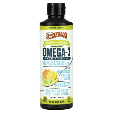 Barlean s Seriously Delicious Citrus Sorbet High Potency Omega-3 Fish Oil - EPA/DHA for Brain Heart Joint & Immune Health - All-Natural Fruit Flavor Non-GMO Gluten Free (16 oz) - 705875600293