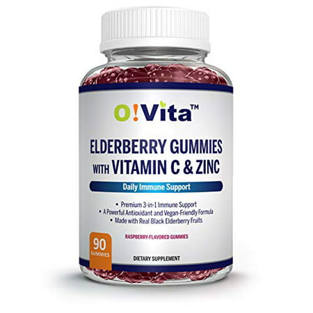 O!VITA Black Elderberry Gummies with Vitamin C and Zinc 3-in-1 Immune System Support for Adults and Kids 45-Day Supply - Raspberry Flavored (90 Vegan Gummies) - 706612952668