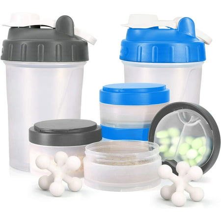 16 OZ Protein Workout Shaker Bottle with Mixer Ball and 2 close-connected Storage Jars for Pills Snacks Coffee Tea. 100% BPA-Free Non Toxic and Leak Proof Sports Bottle - 707618731936