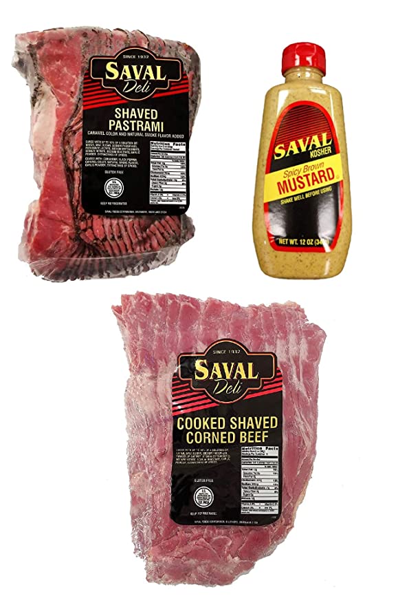  Saval Deli Sliced Pastrami Brisket and Corned Beef - 2Lb Each with Brown Mustard  - 709081927281