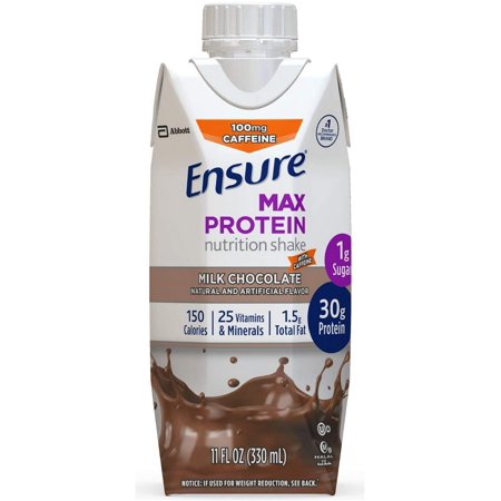 Ensure Max Protein Nutrition Shake with 30g of Protein 1g of Sugar High Protein Shake Milk with 11 fl oz, Chocolate w/Caffeine, 12 Count - 709145136208