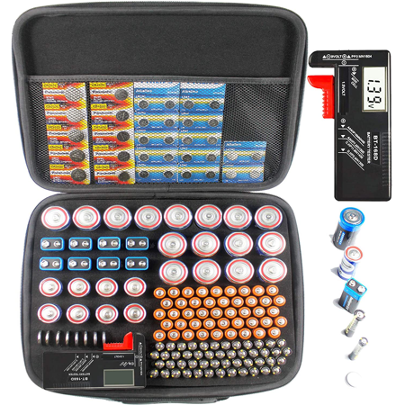 Hard Battery Organizer Storage case with Battery Tester, Holding 130+ C, D, AA, AAA, AAAA, Cell, SF/CR123A, 18650, 4LR44, 9V, A23 Batteries(NO Batteries Included) - 711181081879