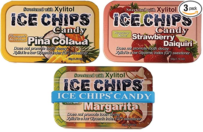ICE CHIPS Xylitol Candy 3 Pack Assortment (Strawberry Daiquiri, Margarita, Pina Colada) Includes BAND as Shown - 715201020077
