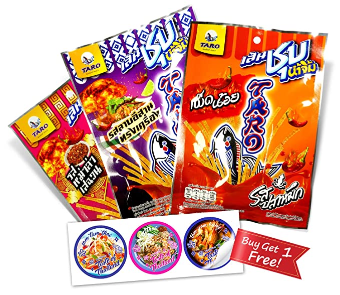 Thai Snacks Challenge TARO Fish Snack Sauce Coated Spicy Cuttlefish Flavoured (Thai Flavour Mix 3Pcs, Large) - 716080422792