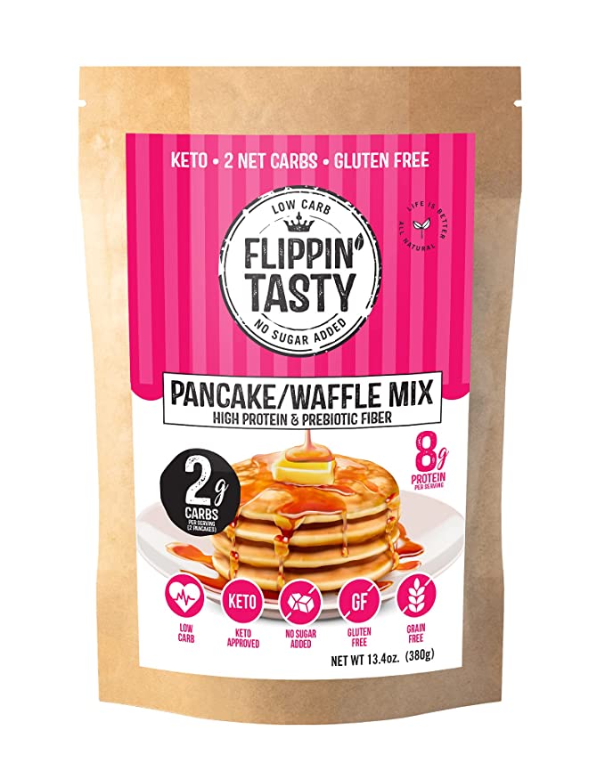 Keto Pancake & Waffle Mix by Flippin' Tasty | Large Fluffy, Gluten Free, Grain Free, Low Carb Pancakes | 2g Net Carbs per Serving of 2 | No Sugar Added | Diabetic & Keto Friendly | Makes 24 Pancakes - 716252256323