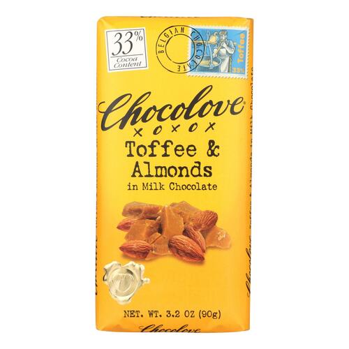 Chocolove Xoxox - Premium Chocolate Bar - Milk Chocolate - Toffee And Almonds - 3.2 Oz Bars - Case Of 12 - 716270001349