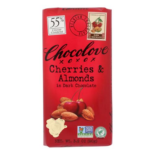 Chocolove Xoxox - Premium Chocolate Bar - Dark Chocolate - Cherries And Almonds - 3.2 Oz Bars - Case Of 12 - 716270001523