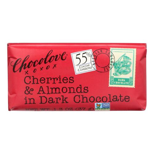 Chocolove Xoxox - Premium Chocolate Bar - Dark Chocolate - Cherries And Almonds - Mini - 1.3 Oz Bars - Case Of 12 - 716270051528