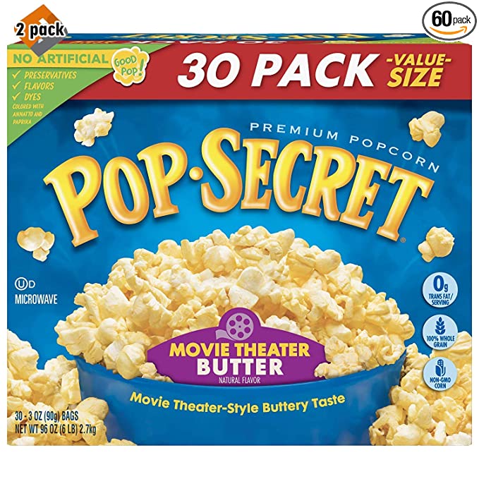 Pop Secret Popcorn, Movie Theater Butter, 3 Ounce Microwave Bags, 30 Count 2 Pack - 719243442743