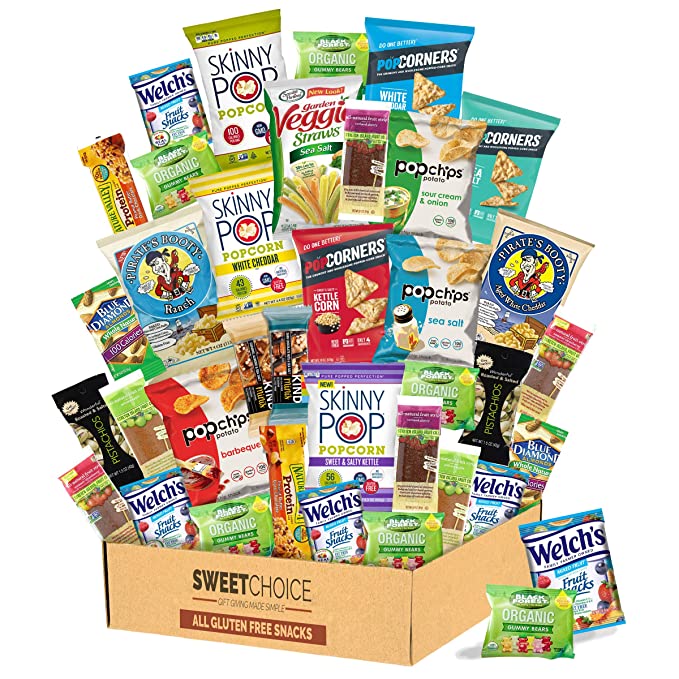Snack Box Gluten Free Healthy Snacks Care Package (34 Count) for College Students, Exams, Father's Day, Military, Finals, Office and Gift Ideas. Chips, Popcorn, and granola Bars. - 719243637781