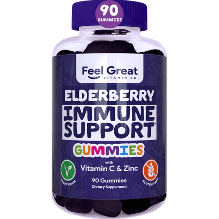 Elderberry Gummies for Adult & Kids with Immune Support* by The Feel Great Vitamin Co. | Vegetarian Formula with Vitamin C and Zinc | Sambucus Nigra Supplement (90 Gummies) - 720260432372