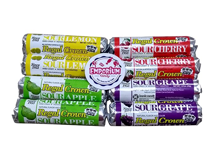 Regal Crown Candy Rolls Assortment - Sour Cherry Lemon Apple Grape 2 Rolls of Each Flavor with Refrigerator Magnet - 720524943224