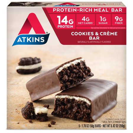 Atkins Protein-Rich Meal Bar, Cookies n' Crème, Keto Friendly, 5 Count Cookies n' Creme 8.8 Ounce (Pack of 1) - 721865806315
