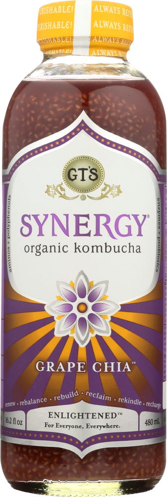Gt'S, Synergy, Organic Raw Kombucha, Enlightened, Grape Chia - 722430210162