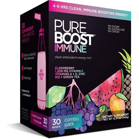 Pureboost Immune Clean Energy Drink Mix: Immunity Supplement with Elderberry, 1200 mg Vitamin C, Vitamins A + D, Zinc, 28 Vitamins, Minerals and Supernutrients (Combo 30 Count) Color: Combo Pack - 722649420703