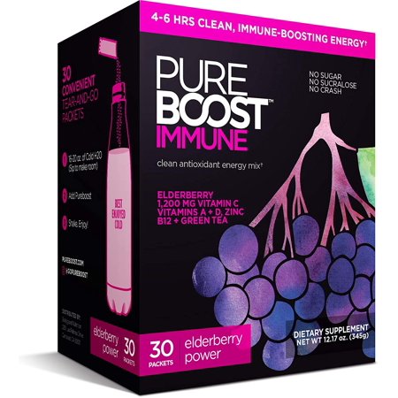 Pureboost Immune Clean Energy Drink Mix: Immunity Supplement with Elderberry, 1200 mg Vitamin C, Vitamins A + D, Zinc, 28 Vitamins, Minerals and Supernutrients (Elderberry Power, 30 Count) Color: Elde - 722649420710