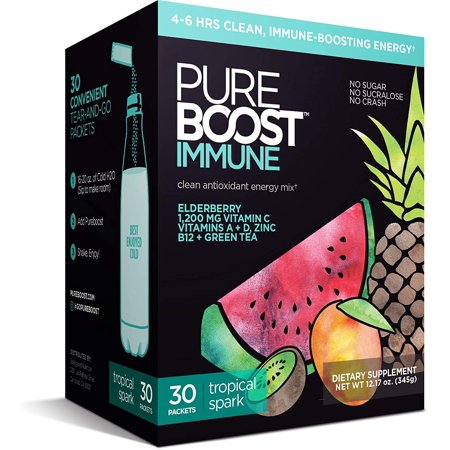Pureboost Immune Clean Energy Drink Mix: Immunity Supplement with Elderberry, 1200 mg Vitamin C, Vitamins A + D, Zinc, 28 Vitamins, Minerals and Supernutrients. (Tropical Spark, 30 Count) Color: Tropi - 722649420727