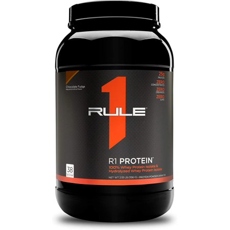 Rule One Proteins, R1 Protein - Chocolate Fudge, 25g Fast-Acting, Super-Pure 100% Isolate and Hydrolysate Protein Powder with 6g BCAAs for Muscle Growth and Recovery, 2.5 Pounds, 38 Servings - 722649518134