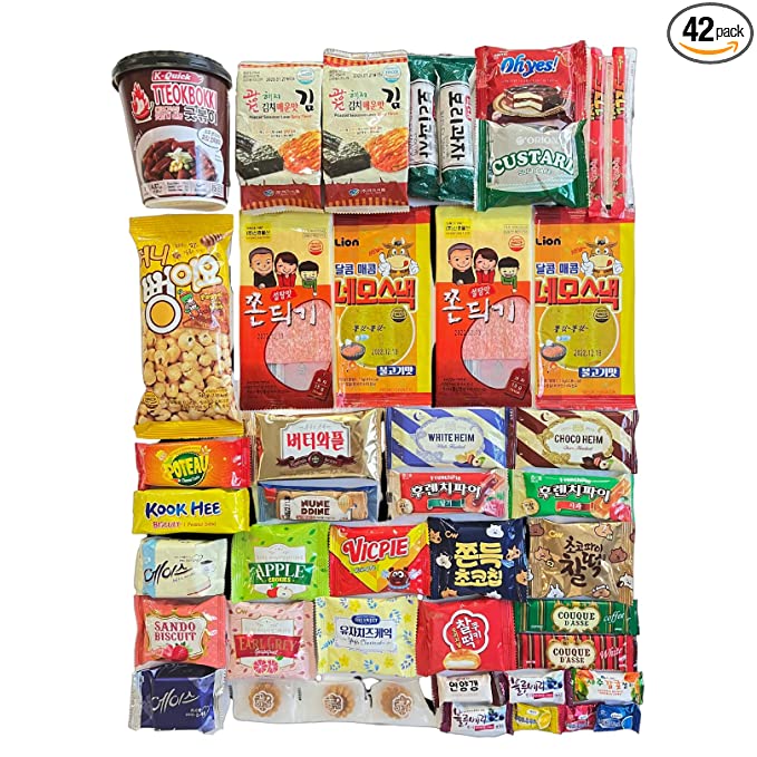 Korean Snack Box Variety Pack - 42 Count Individual Wrapped Gift Care Package Bundle Sampler Assortment Mix Candy Chips Cookies Treats for Kids Children College Students Adult - 723645453474