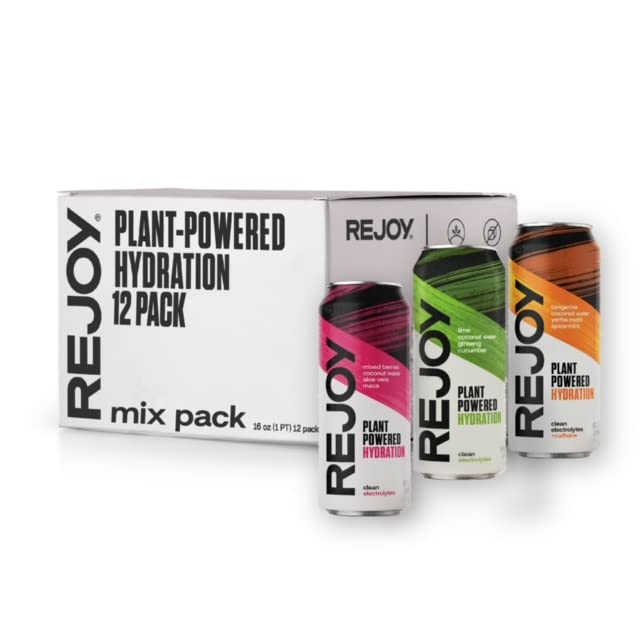  REJOY Plant-Based Sports Drink, Natural Sports Drink with Electrolytes from Coconut Water and Real Fruit Juices, Workout Hydration Drink with No Sugar Added, No Preservatives 12 Pack / 16 fl. Oz. ea. (Assorted)  - 726367996908
