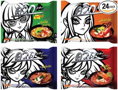 Wai Wai Quick Ramen Style Instant Thai Noodle Variety 24 Pack, Tom Klong, Tom Yum Shrimp, Tom Yum Mun Goong and Hot and Spicy Shrimp (6 Each) - 726962474443